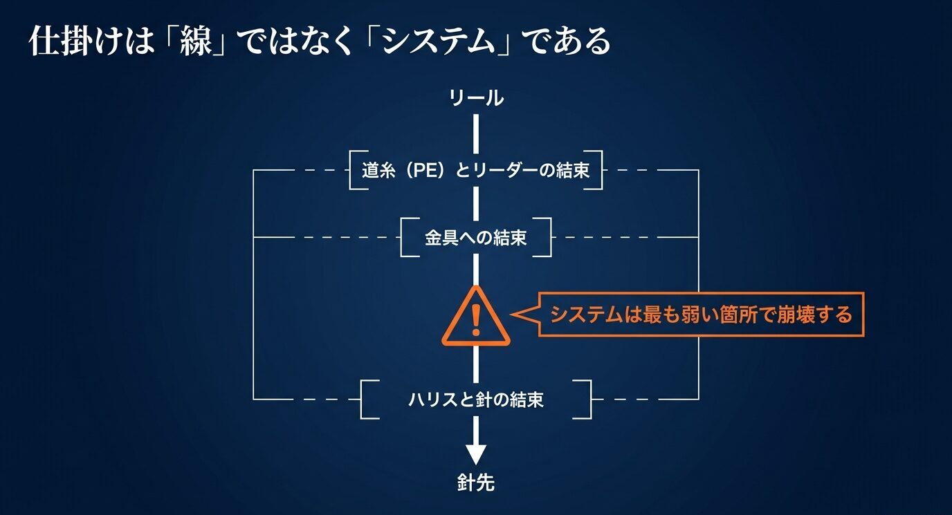 リールから道糸、リーダー、金具、ハリス、針へ続く接続を縦に示し、「システムは最も弱い箇所で崩壊する」と警告した仕掛け全体図。