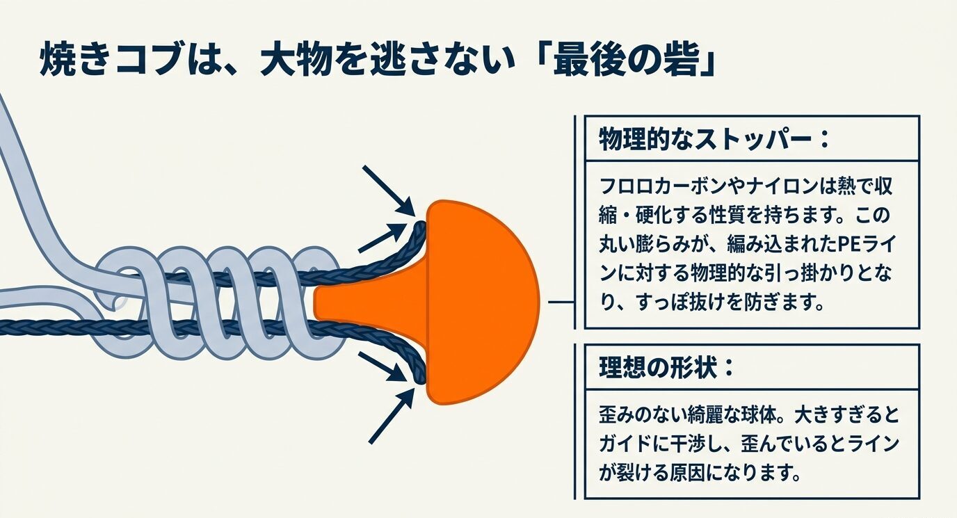 編み込まれたPEライン先端に形成された焼きコブが、物理的な引っ掛かりとして機能する様子を示す図