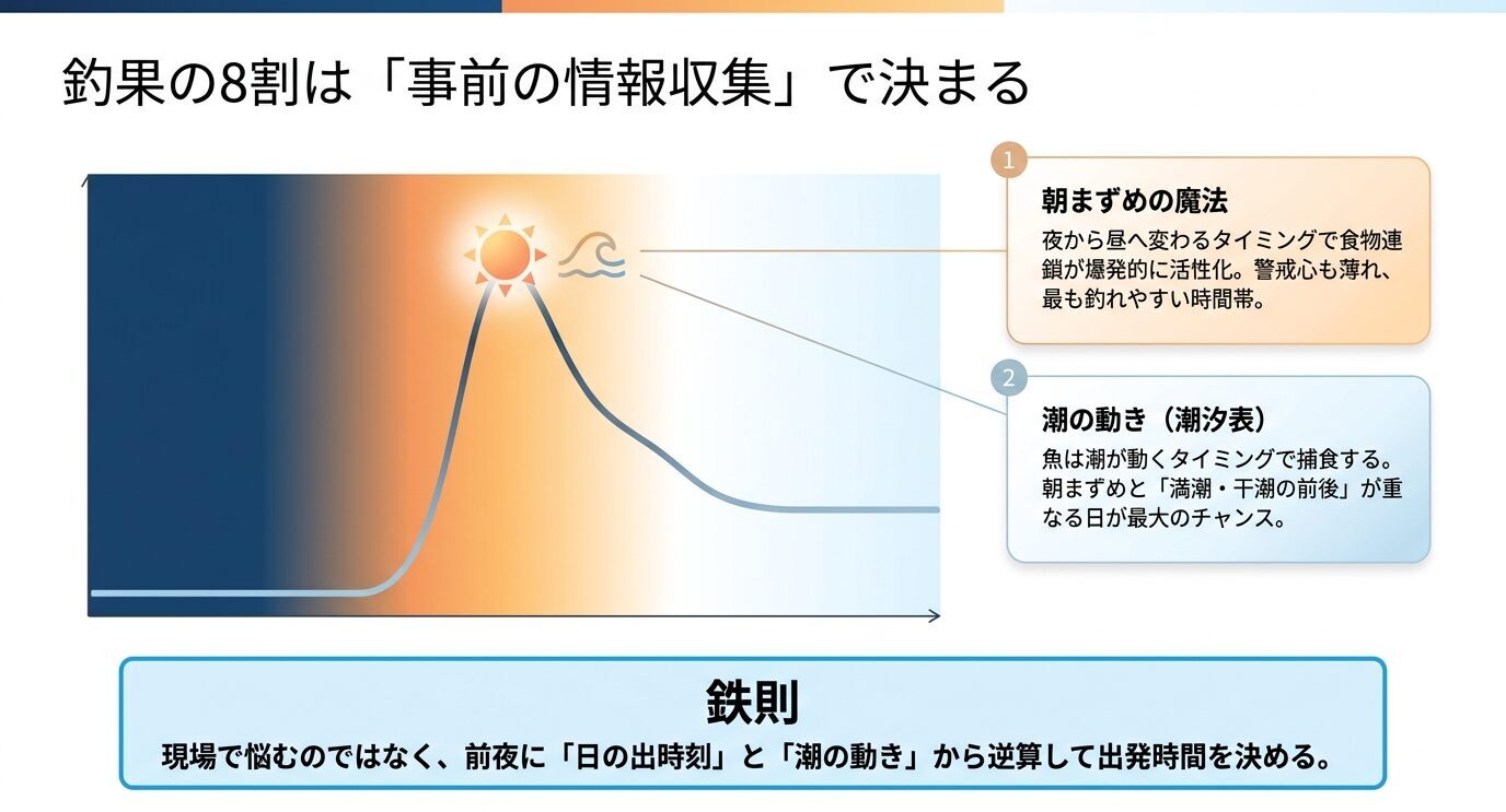 朝まずめと潮の動きを確認し、日の出時刻と潮汐から出発時間を逆算する重要性を示した図解