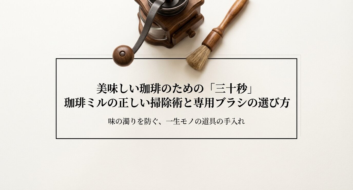 木製の手動コーヒーミルと掃除ブラシの写真とともに、「美味しい珈琲のための三十秒 珈琲ミルの正しい掃除術と専用ブラシの選び方」と書かれた表紙スライド。
