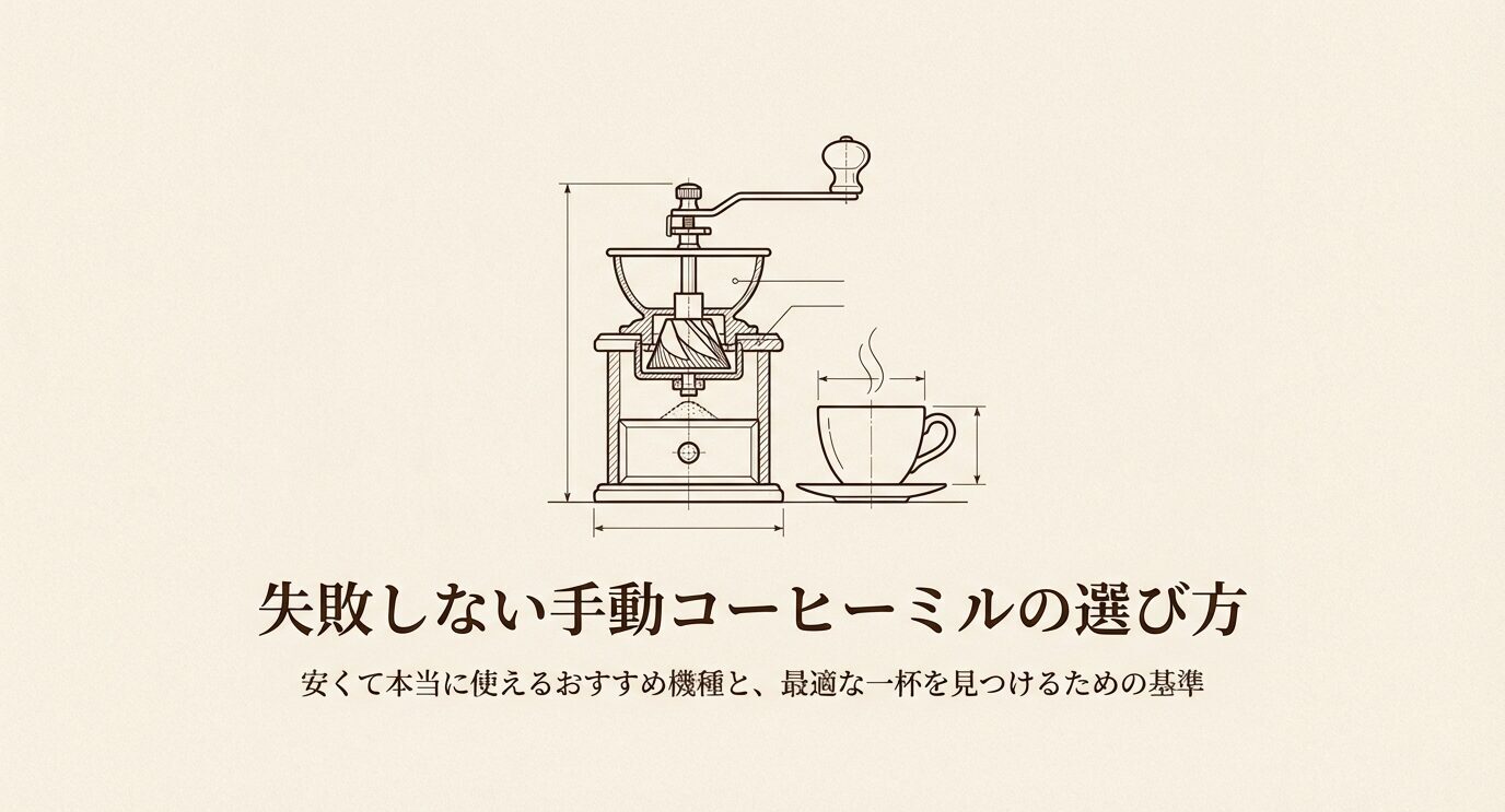 手動コーヒーミルとコーヒーカップの線画とともに、安くて本当に使えるおすすめ機種と選び方の基準を示した表紙スライド。