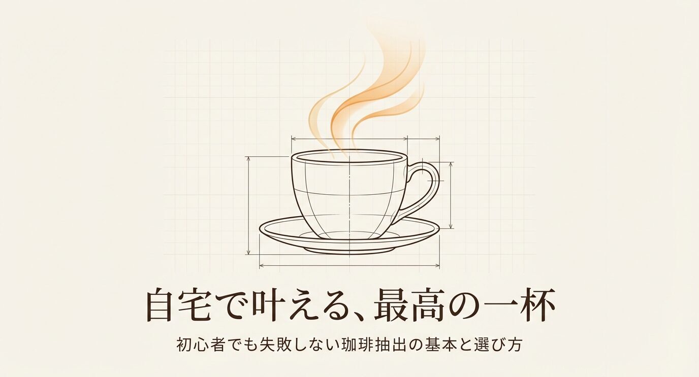 湯気の立つコーヒーカップのイラストと、自宅で失敗しないコーヒー抽出の基本と選び方を示す表紙スライド