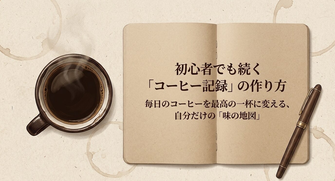 開いたノートとコーヒーカップ、ペンを配置し、「初心者でも続く『コーヒー記録』の作り方」と書かれた表紙風の画像