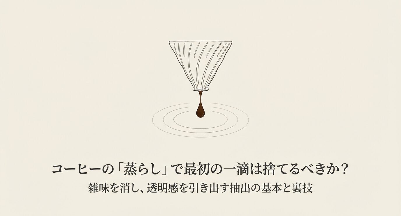 ドリッパーから落ちるコーヒーの一滴と、蒸らしの最初の一滴を捨てるべきかを問うタイトルを配置した表紙スライド。
