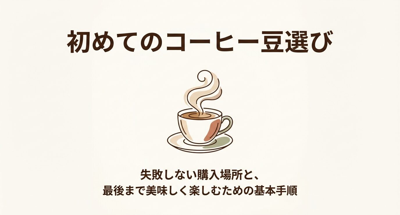 『初めてのコーヒー豆選び』というタイトルと湯気の立つコーヒーカップのイラスト。失敗しない購入場所と、最後まで美味しく楽しむための基本手順を示す表紙スライド。