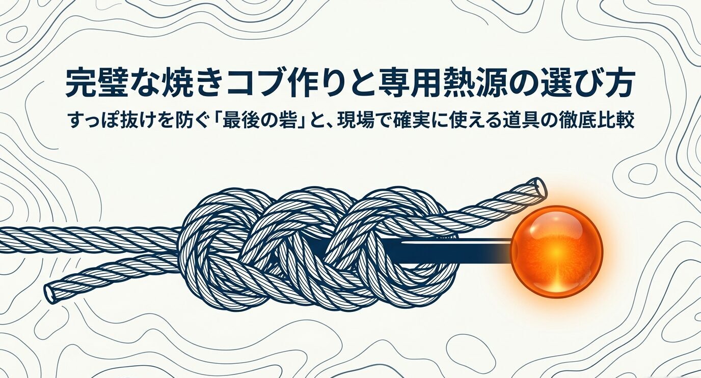 結束したラインとオレンジ色の焼きコブを大きく示し、焼きコブ作りと熱源選びのテーマを表した表紙画像