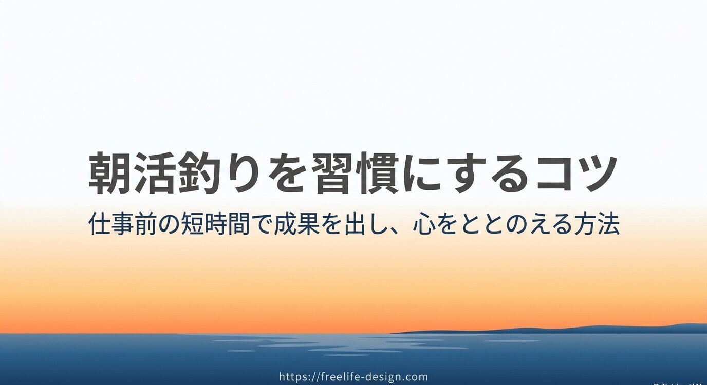 朝焼けの海を背景に、仕事前の短時間で成果を出し心を整える朝活釣りのテーマを示したタイトルスライド