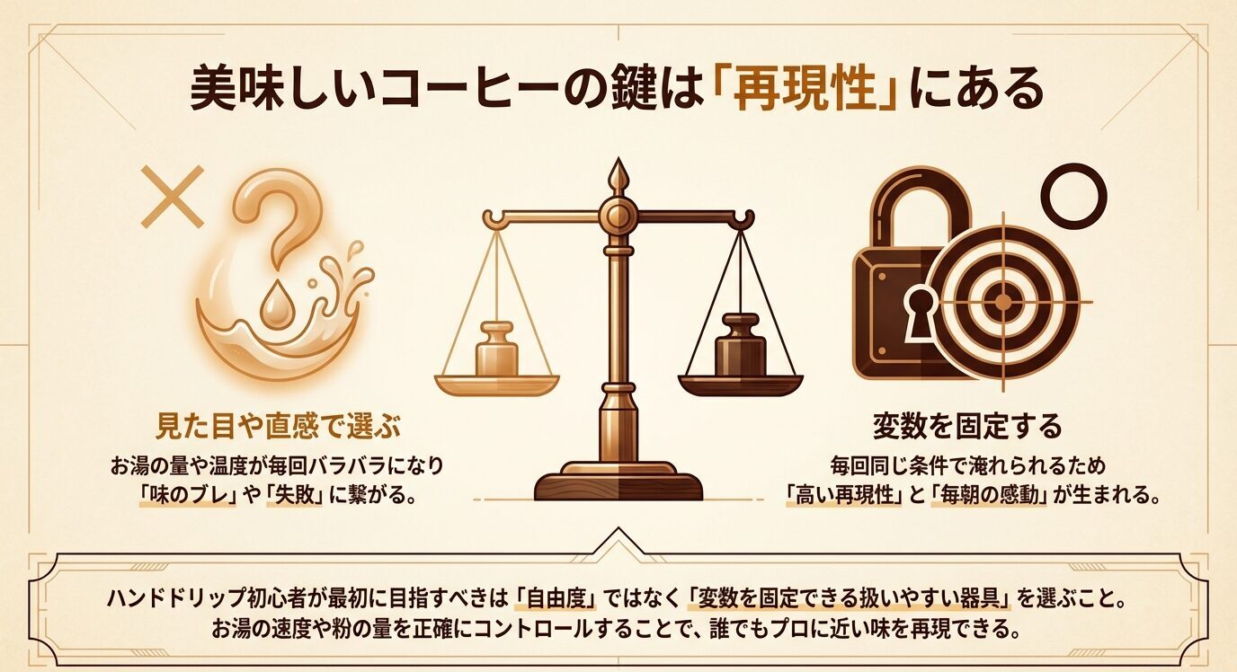 見た目や直感で選ぶと味がぶれやすく、変数を固定できる器具を選ぶと毎回同じ条件で安定した味を再現できることを示した比較図
