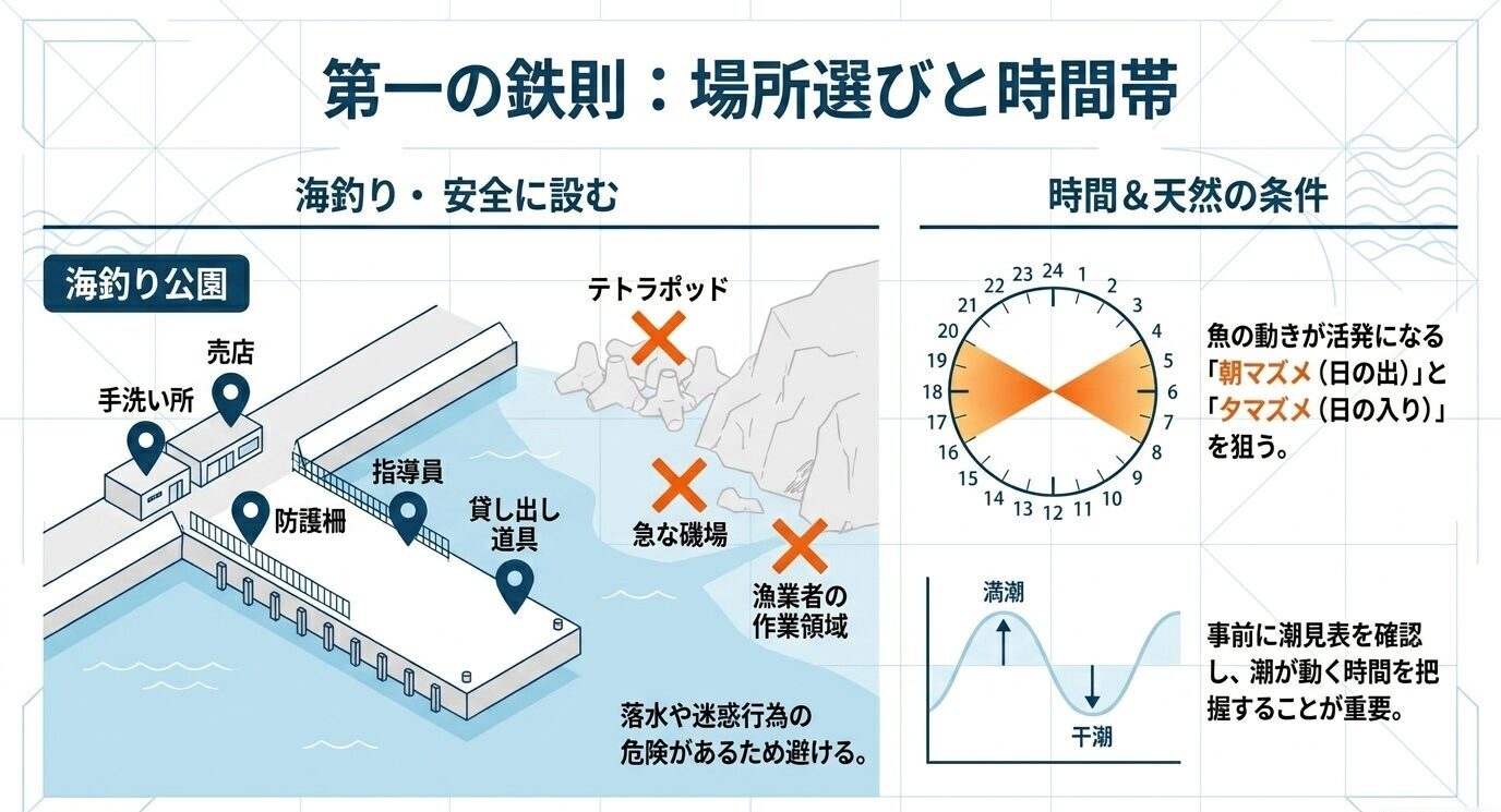 海釣り公園の安全設備、避けるべき危険エリア、朝マズメ夕マズメと潮の動きをまとめた図