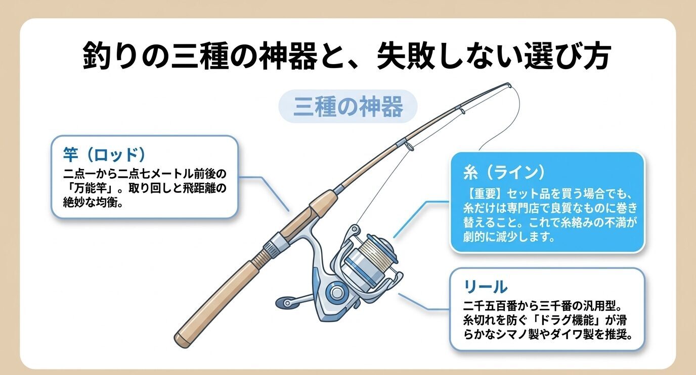 竿、リール、糸の3つを中心に、万能竿は2メートル前後、リールは2500〜3000番、糸は専門店で巻き替え推奨と示した図