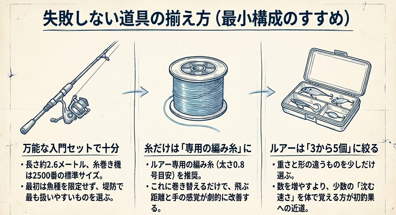 ロッドとリールの入門セット、専用ライン、3〜5個のルアーという初心者向けの基本装備を示した図