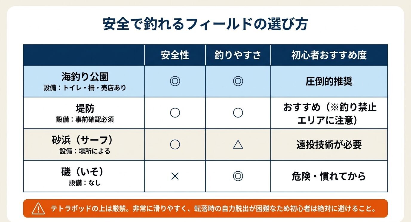 海釣り公園、堤防、砂浜、磯を安全性・釣りやすさ・初心者おすすめ度で比較した表。
