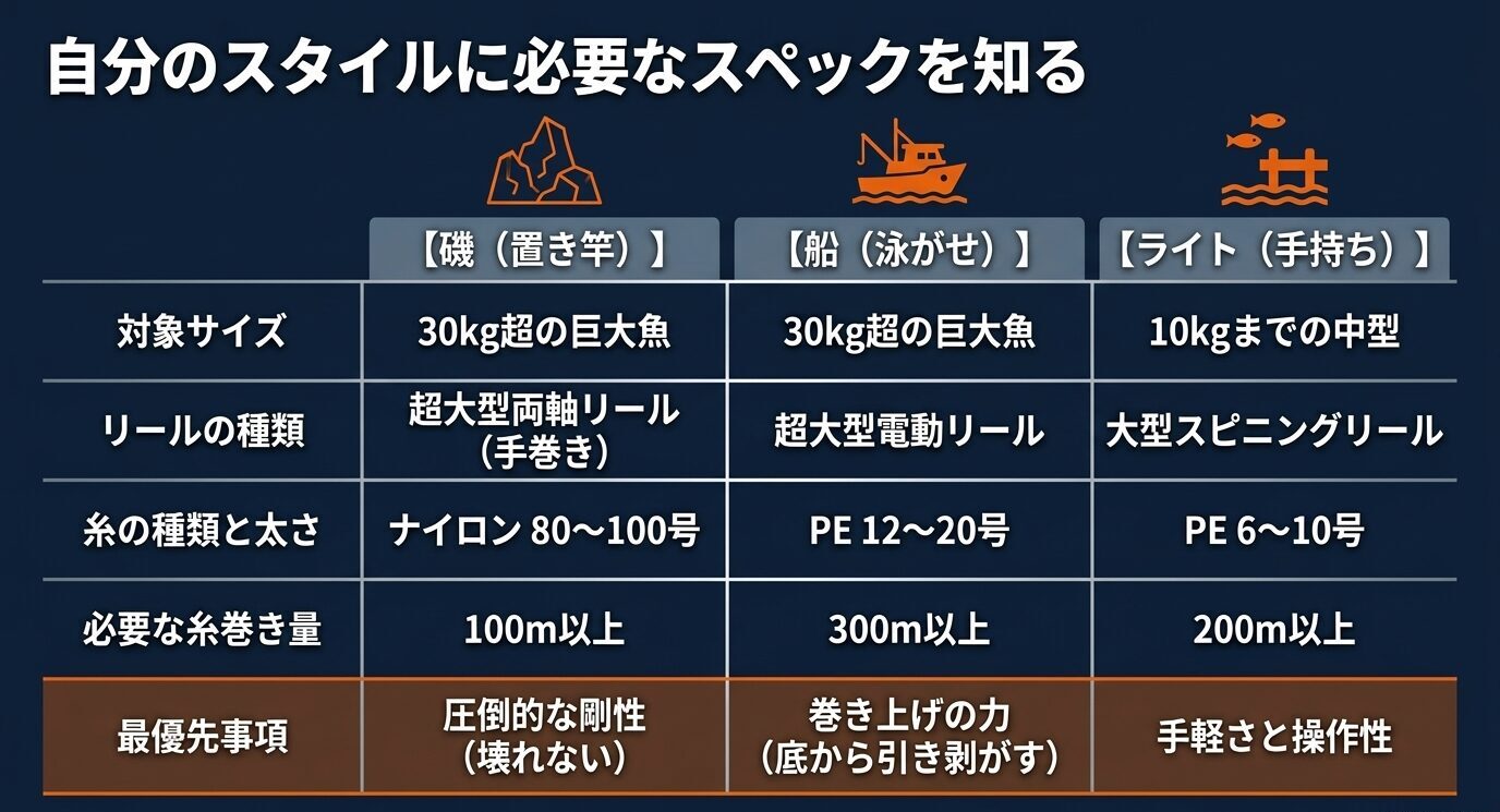 磯、船、ライトクエの3スタイルについて、対象サイズ、リール種類、糸の種類、必要糸巻き量、最優先事項を比較した表