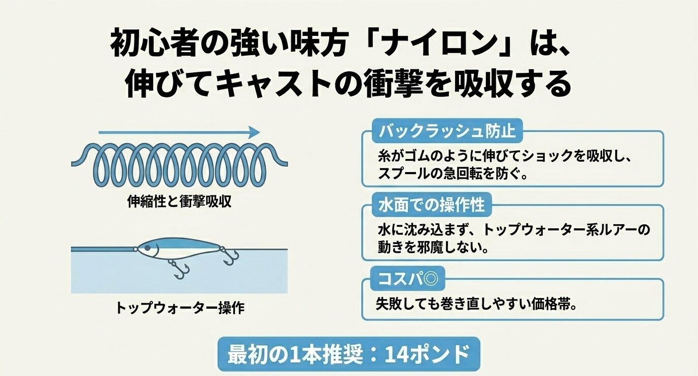 ナイロンラインの伸縮性による衝撃吸収、トップウォーターでの使いやすさ、コスト面の利点、初心者向け14ポンド推奨を示した図