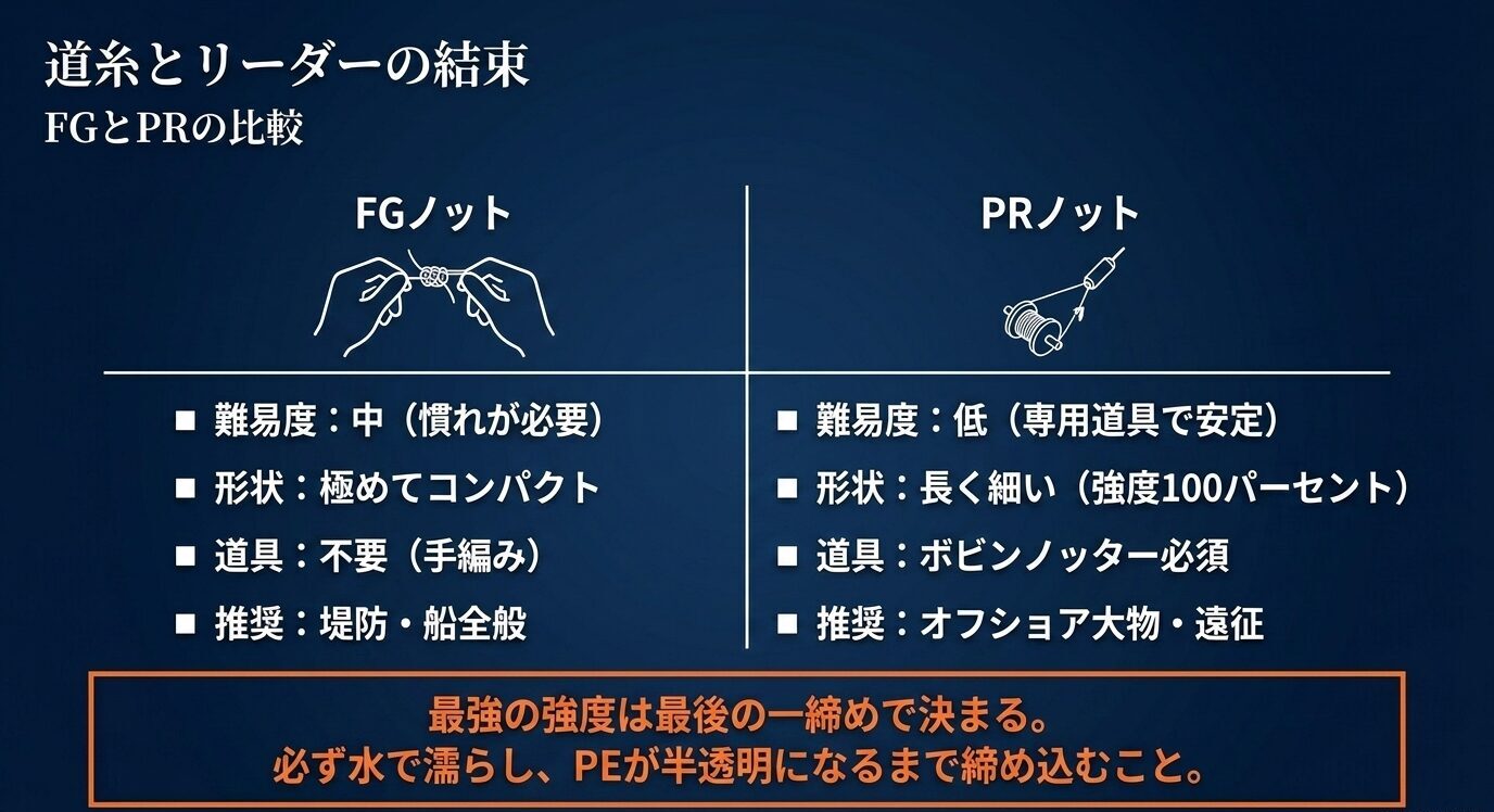 FGノットとPRノットを左右で比較し、難易度、形状、必要道具、推奨シーン、締め込み時の注意点を整理した比較図。