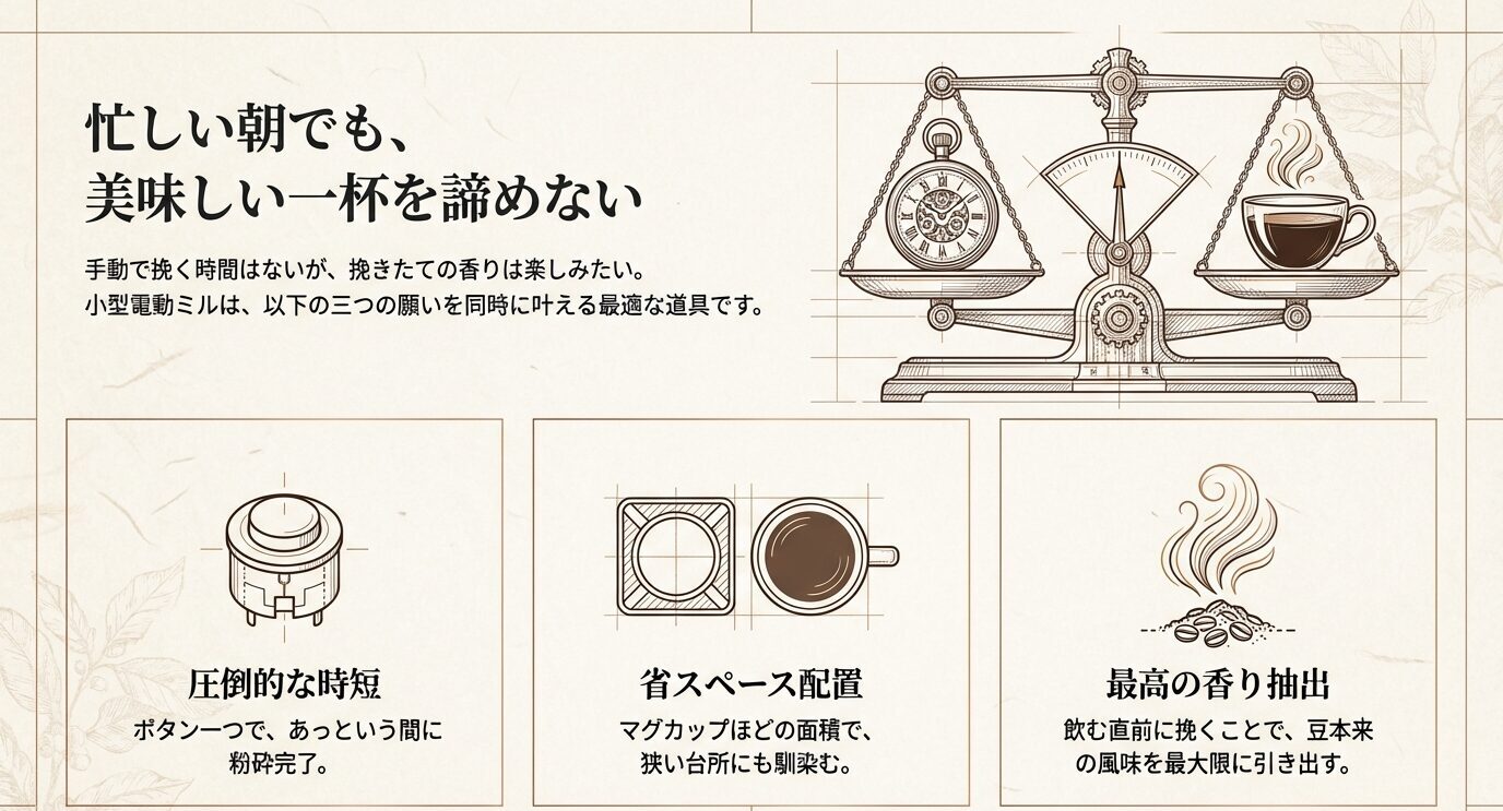 小型電動コーヒーミルの魅力をまとめたスライド。時短、省スペース、挽きたての香りという3つの利点を図解している。