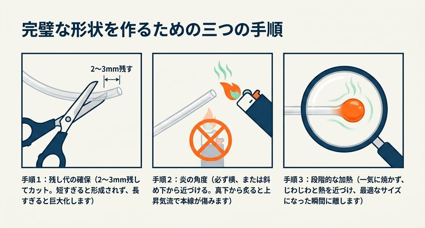 焼きコブ作りで端糸を2〜3ミリ残すこと、横または斜め下から熱を当てること、段階的に加熱することを3手順で示した図