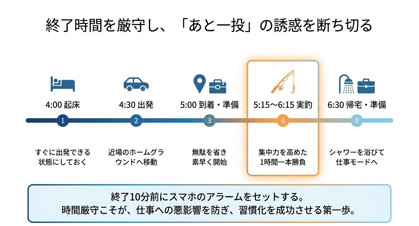4時起床、4時30分出発、5時到着、5時15分から6時15分まで実釣、6時30分帰宅準備という朝活釣りの時間割