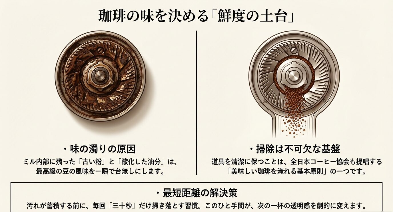 左に汚れたミル刃、右に清潔なミル刃の図を並べ、古い粉と酸化した油分が味を濁らせること、毎回30秒の掃除習慣が大切だと説明するスライド。