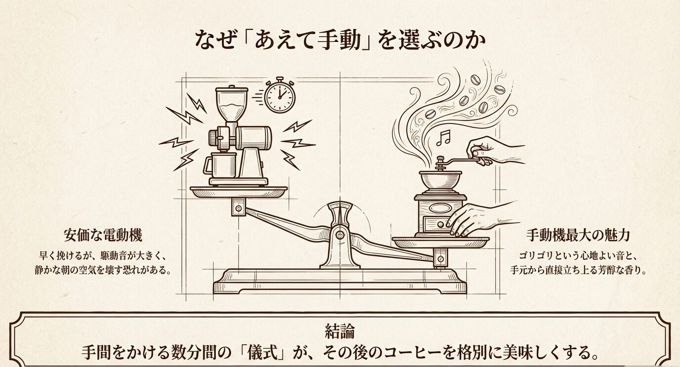 安価な電動ミルと手動ミルを対比し、静かさ・香り・儀式性など手動ならではの魅力を示した比較スライド。