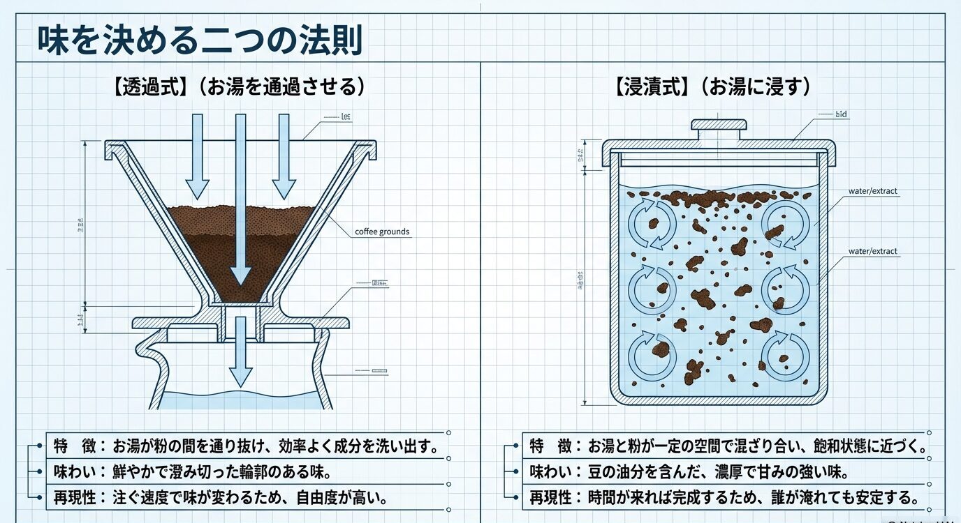 ドリッパーでお湯を通す透過式と、容器内で粉をお湯に浸す浸漬式を断面図で比較し、特徴・味わい・再現性を整理した図