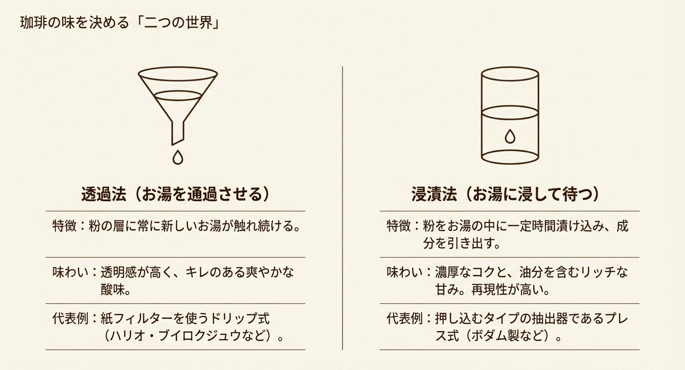 透過法と浸漬法を左右に並べ、特徴、味わい、代表例を比較した図
