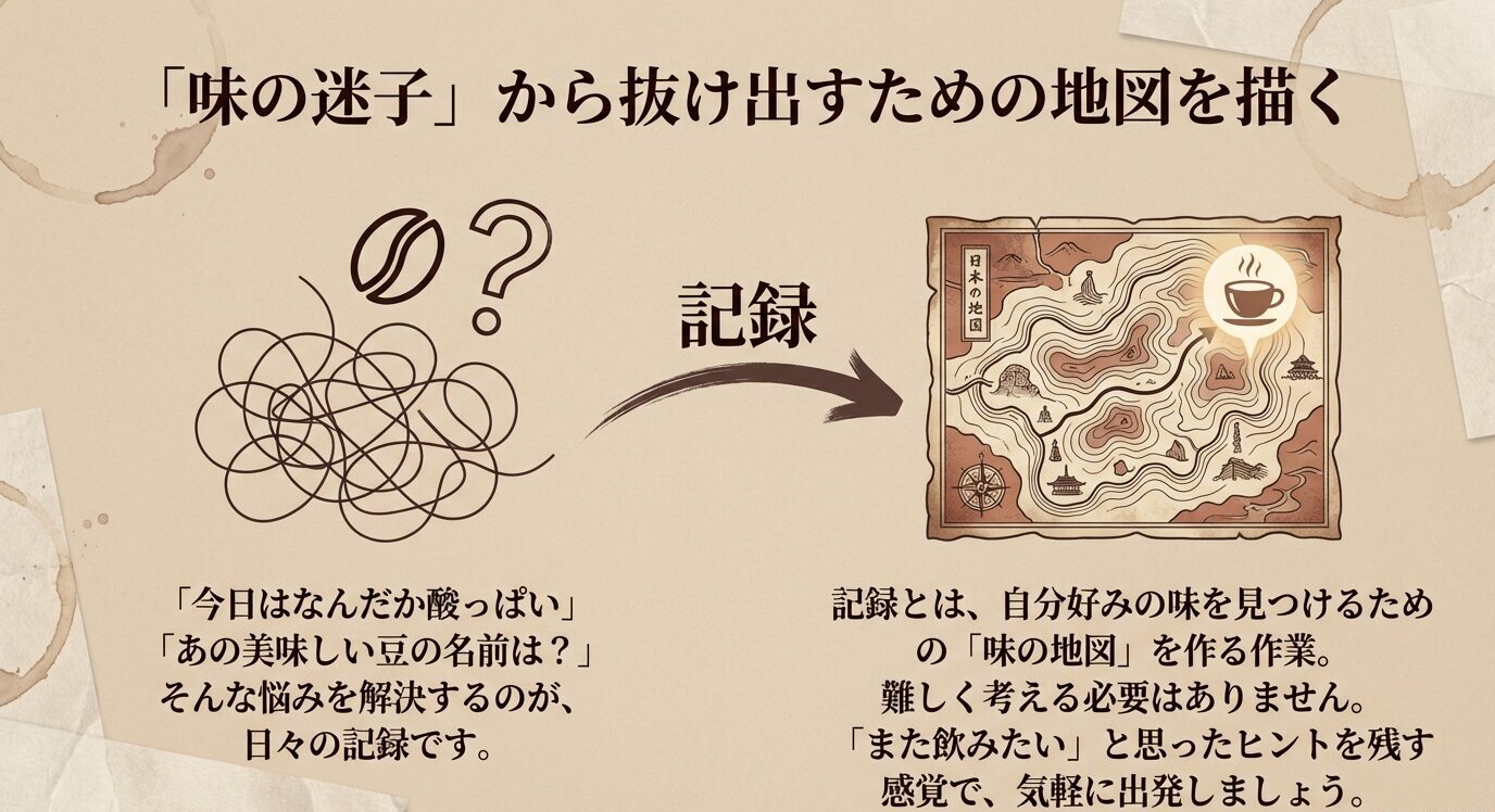 味に迷っている状態から、記録によって自分好みの味の地図を作る流れを示した図