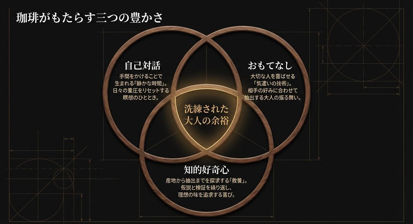 自己対話、おもてなし、知的好奇心の3要素が重なり、中央で「洗練された大人の余裕」につながることを示した図。