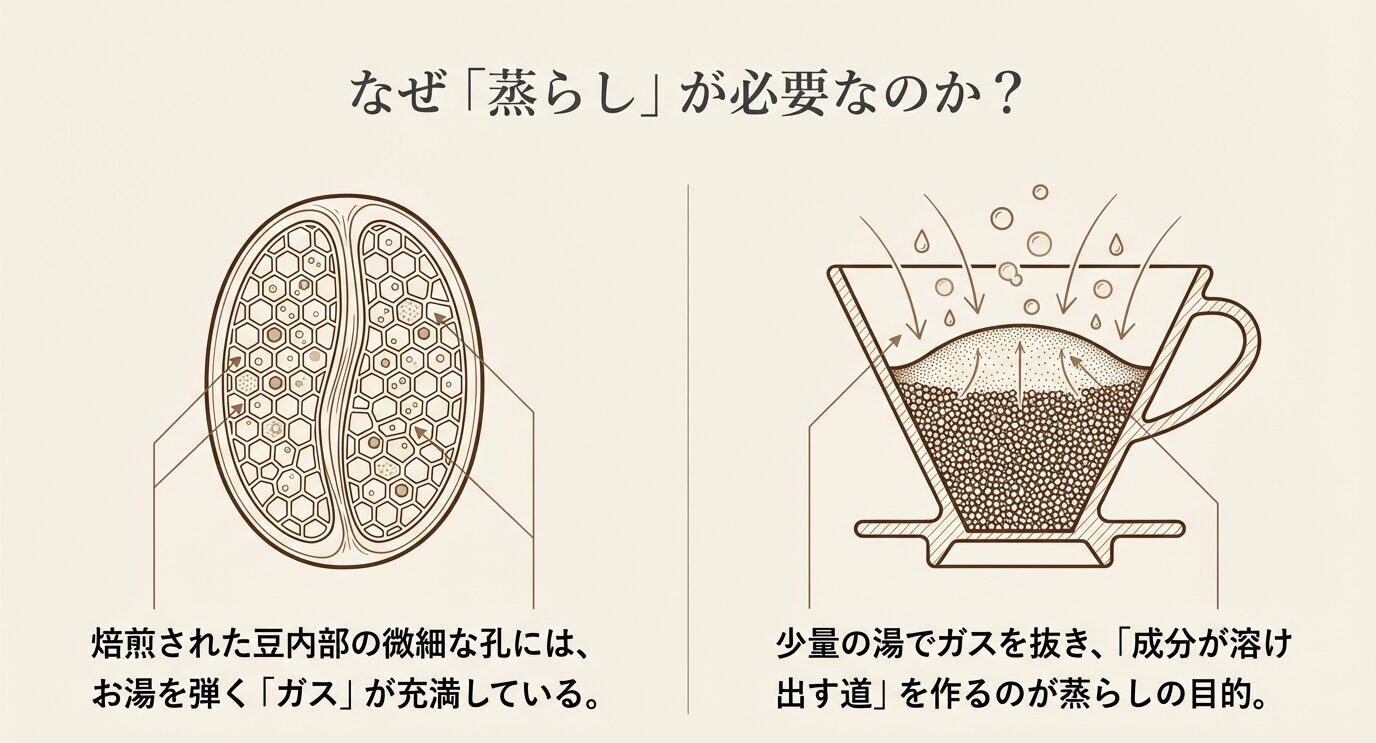 コーヒー豆内部の微細な孔にガスがあることと、少量の湯でガスを抜いて成分が溶け出す道を作る蒸らしの役割を示した図解。