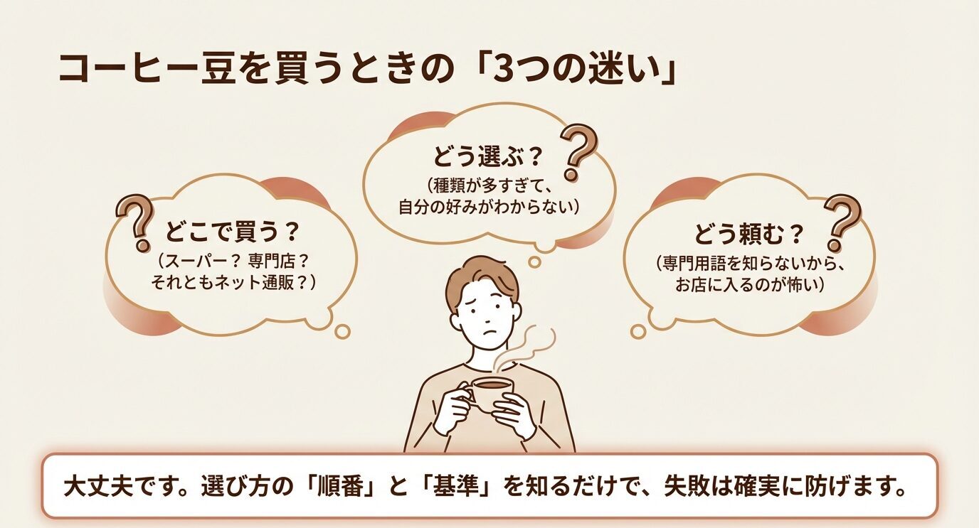 コーヒー豆を買うときの迷いとして『どこで買う』『どう選ぶ』『どう頼む』の3つを吹き出しで示した図。選び方の順番と基準を知れば失敗を防げると伝えている。
