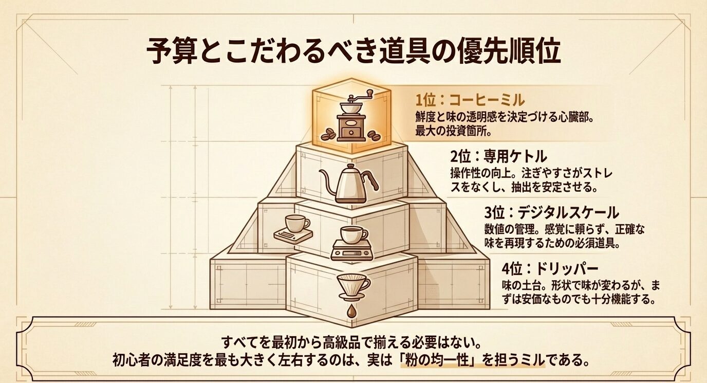 コーヒーミル、専用ケトル、デジタルスケール、ドリッパーの順で、初心者が予算をかけるべき道具の優先順位を示したランキング図