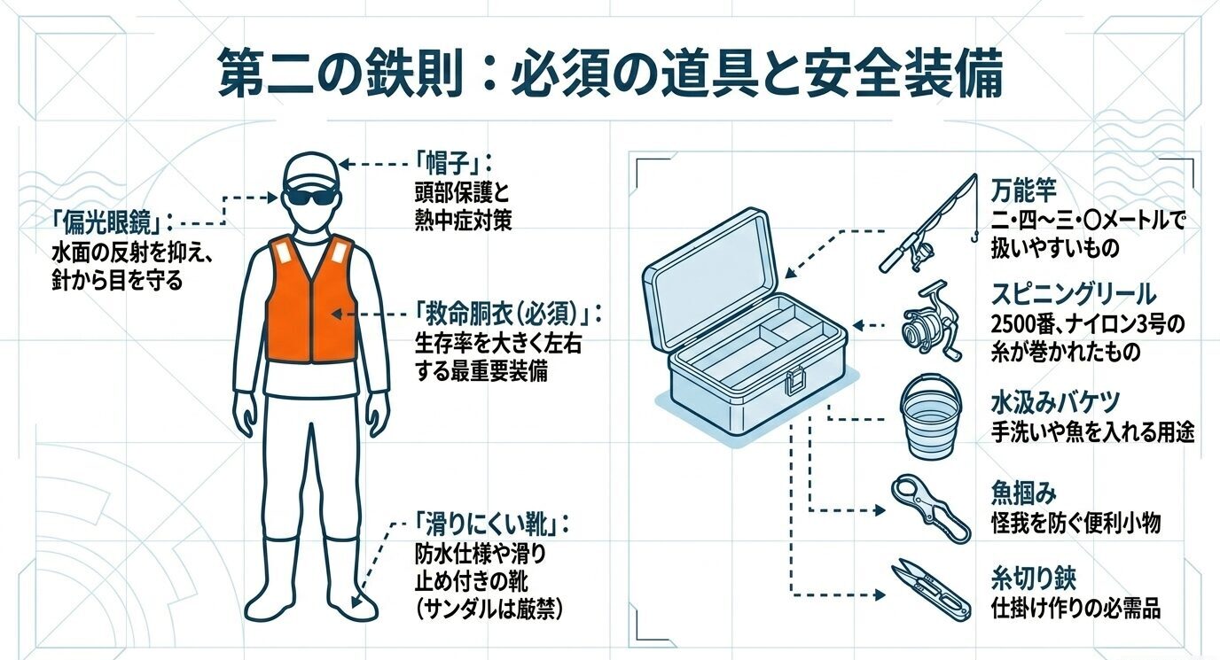 帽子、偏光サングラス、ライフジャケット、滑りにくい靴と、万能竿、スピニングリール、バケツ、小物をまとめた初心者向け装備図