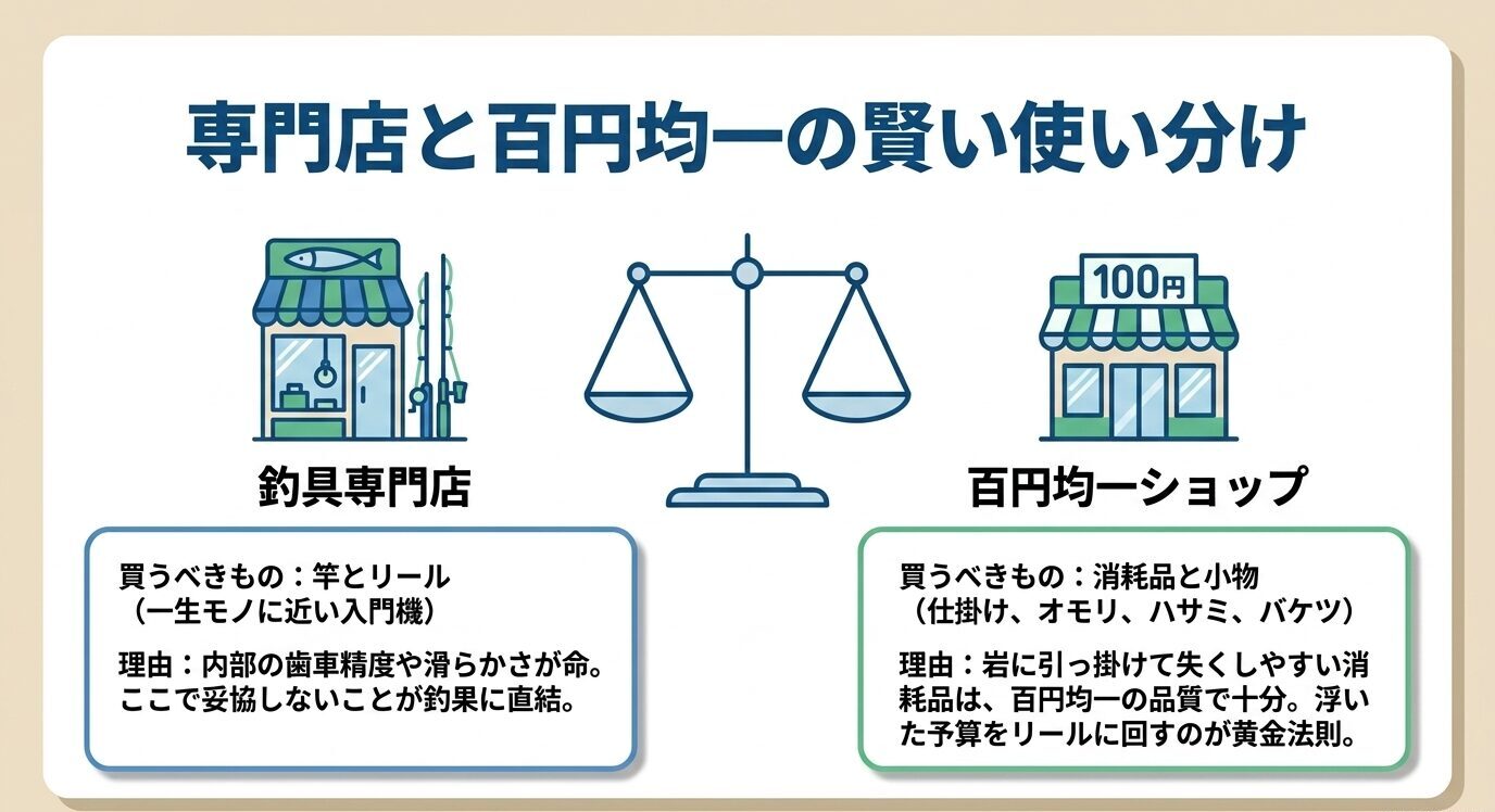 竿とリールは釣具専門店、仕掛けやオモリなどの消耗品は100円ショップで買うべきと整理した比較図