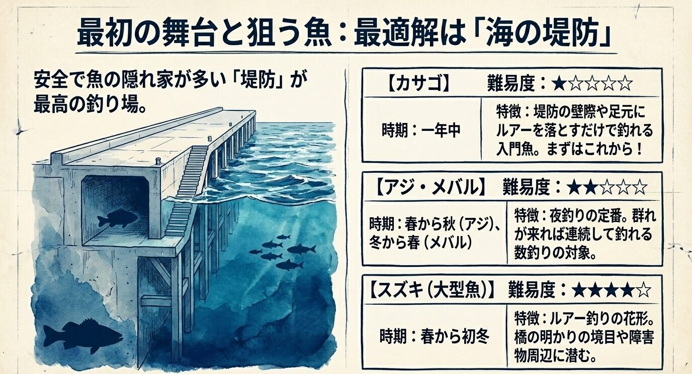 海の堤防の断面イラストと、カサゴ、アジ・メバル、スズキの難易度や時期、特徴をまとめた図