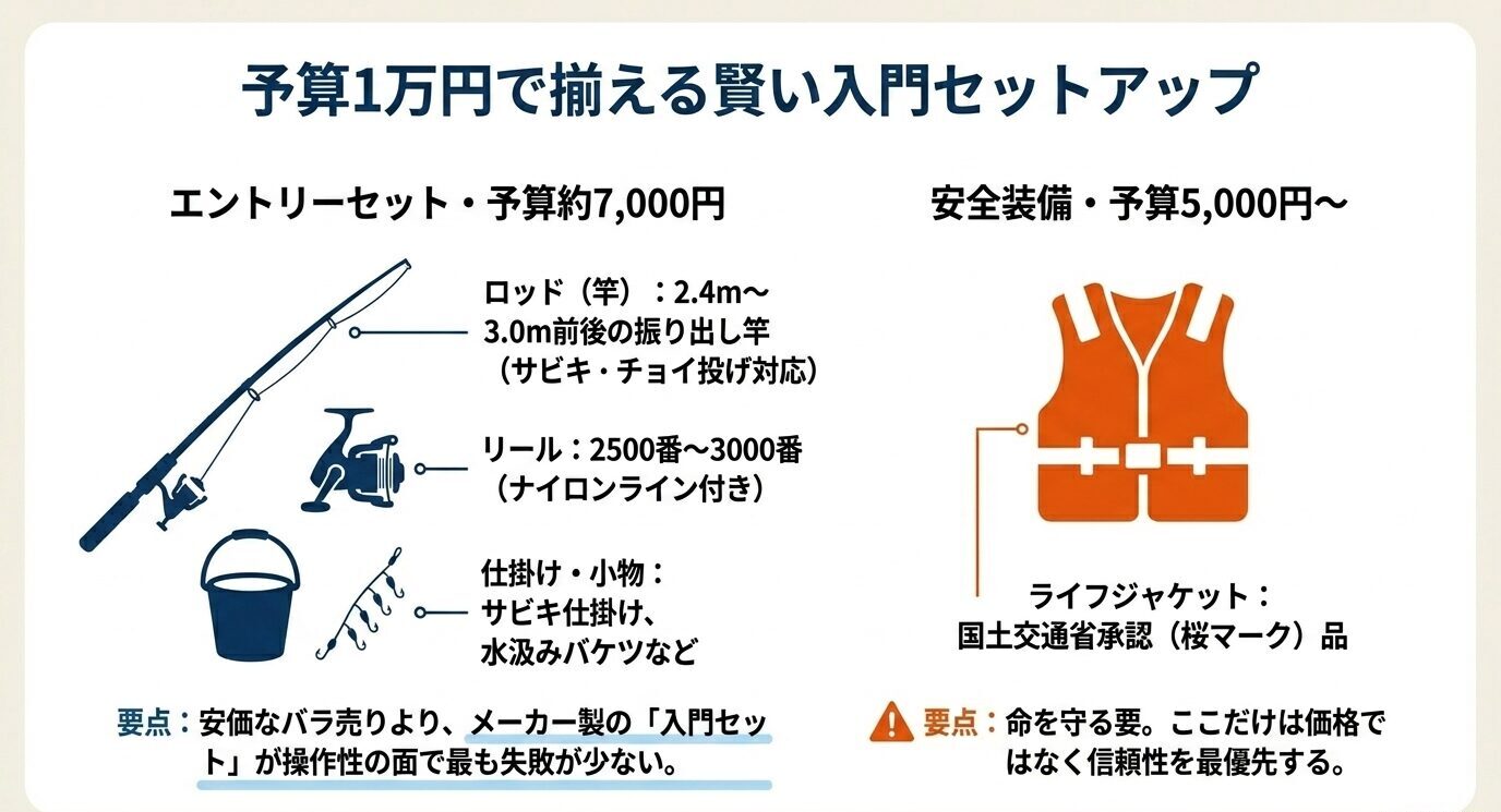 ロッド、リール、仕掛け、小物、ライフジャケットの予算目安と構成を図で示した入門セットの説明スライド。