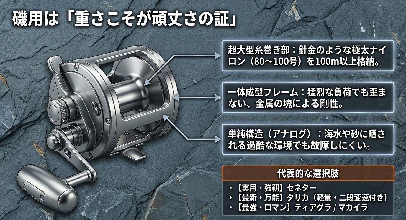 超大型両軸リールの図に、極太ナイロン対応スプール、高剛性フレーム、単純構造の特徴と代表的な選択肢を示したスライド