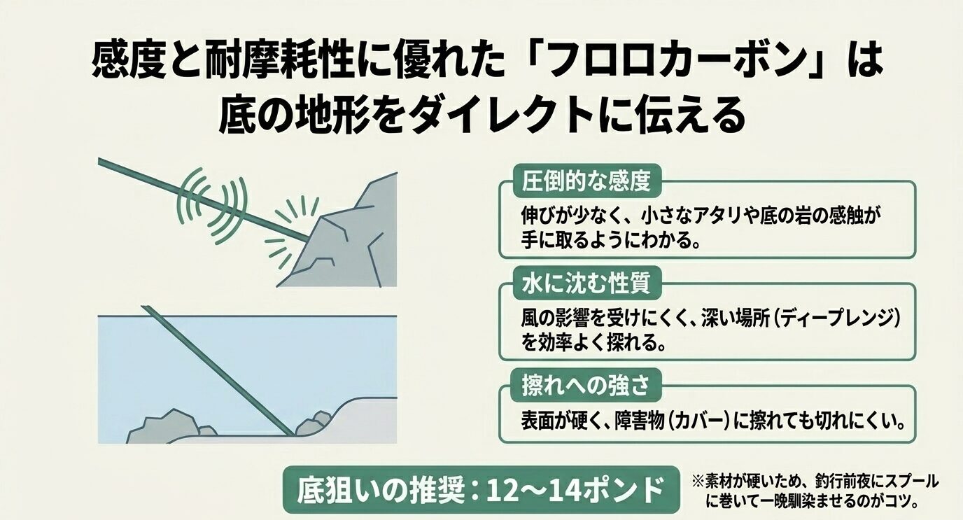 フロロカーボンラインの高感度、水に沈む性質、障害物への強さ、12〜14ポンド推奨を示した図