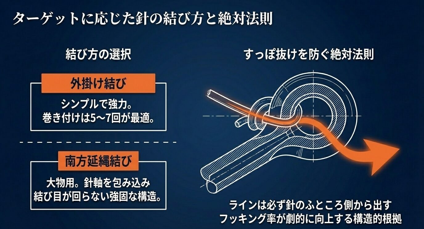 外掛け結びと南方延縄結びの特徴を示し、ラインを針のふところ側から出すべき理由を大きな矢印で説明した図。