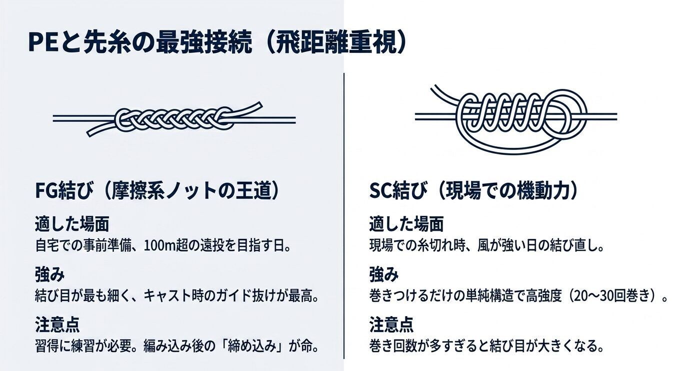 PEと先糸の接続方法としてFG結びとSC結びを並べ、適した場面、強み、注意点を比較したスライド。