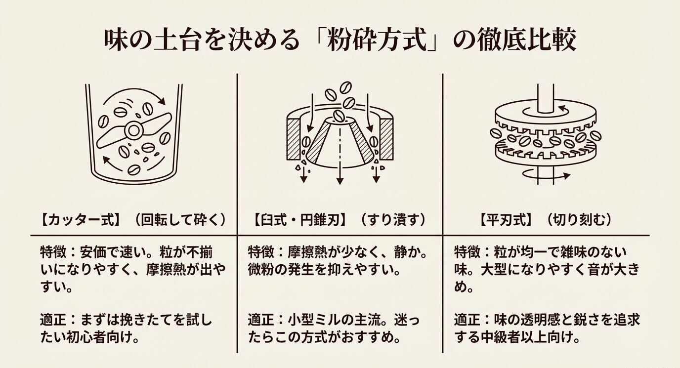 カッター式、臼式・円錐刃、平刃式の3方式を比較したスライド。それぞれの仕組み、特徴、向いている人が整理されている。