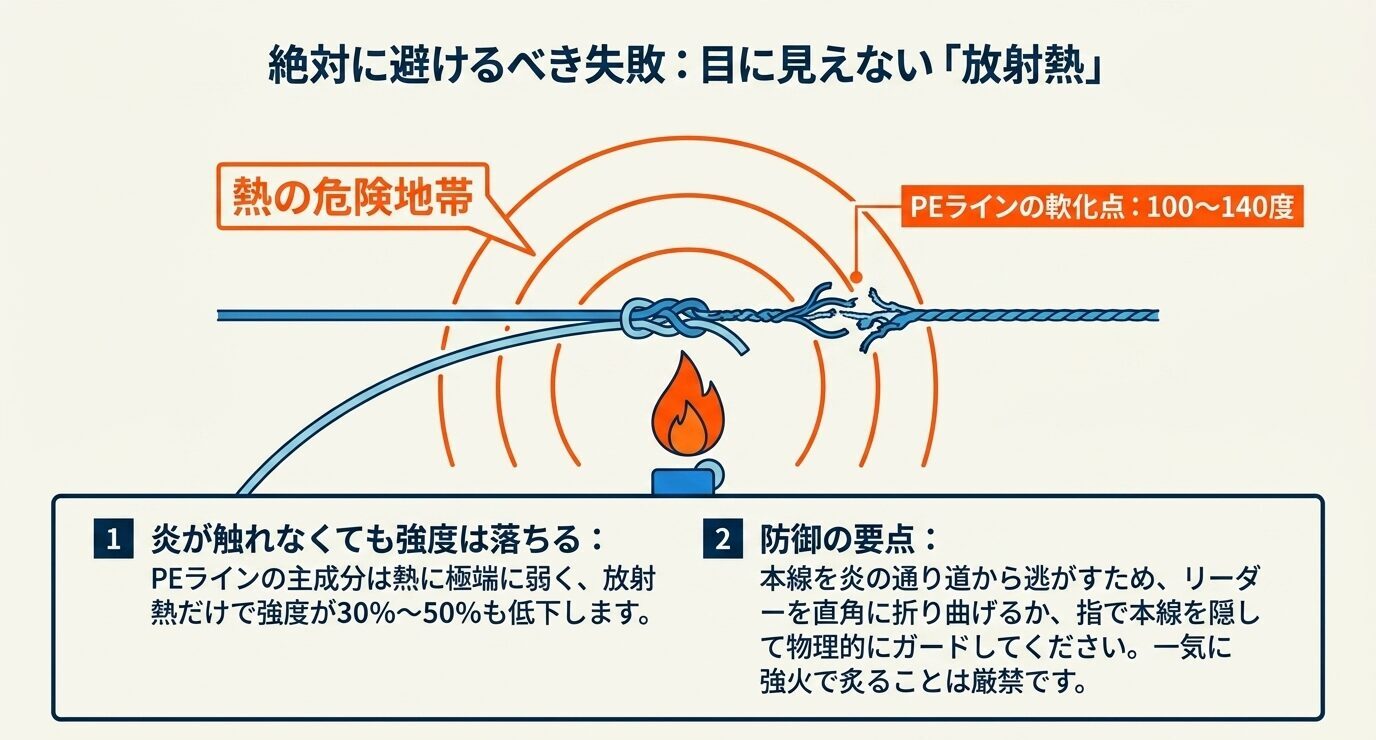 炎の周囲に広がる熱がPEラインへ影響し、本線を傷める危険と防御の要点を示した図
