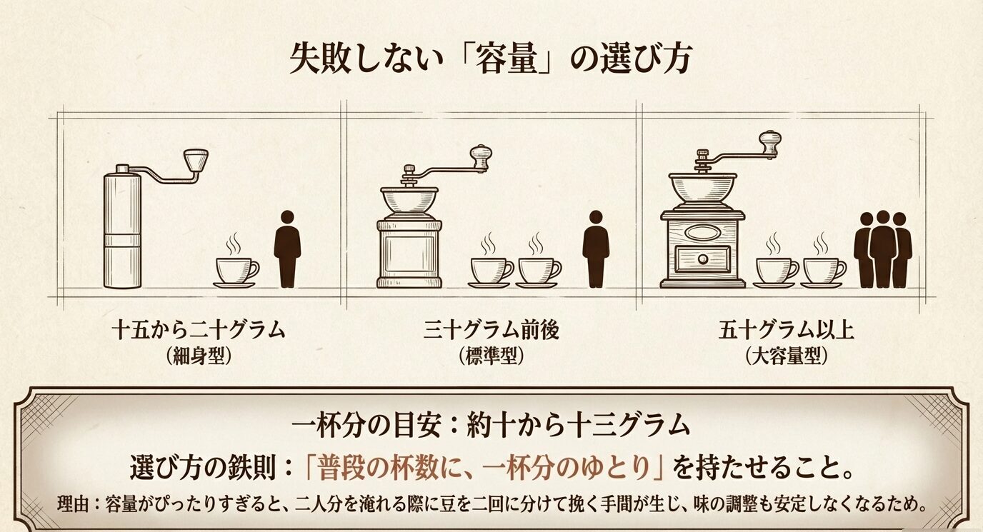15〜20g、30g前後、50g以上の3タイプを一人用・二人用・大容量向けに分け、一杯分の目安と選び方の鉄則を示した図。