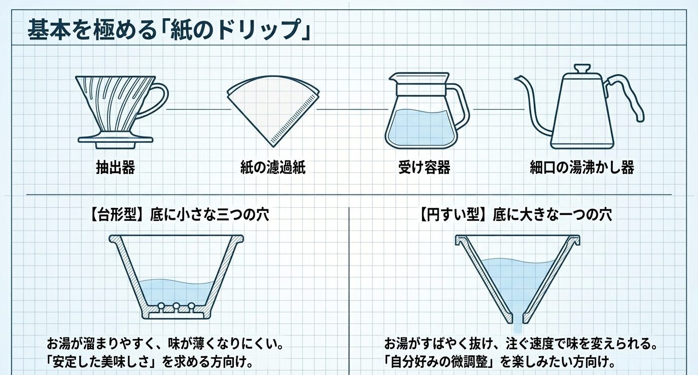 ドリッパー、紙フィルター、サーバー、細口ポットの基本器具と、台形型・円すい型ドリッパーの穴構造と味の違いを示した図