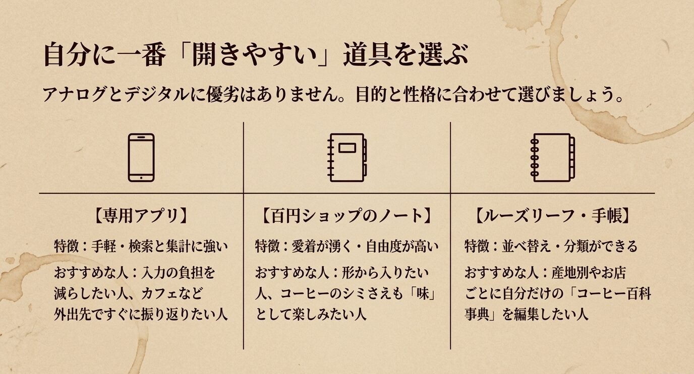 専用アプリ、100円ショップのノート、ルーズリーフ・手帳の3つの記録方法を比較した図