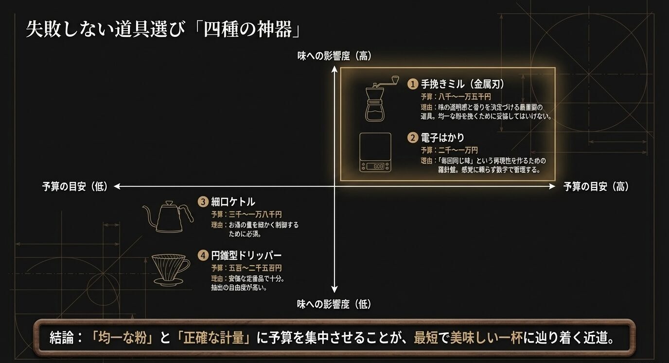 手挽きミル、電子はかり、細口ケトル、円錐型ドリッパーを、予算の目安と味への影響度で整理したマトリクス図。
