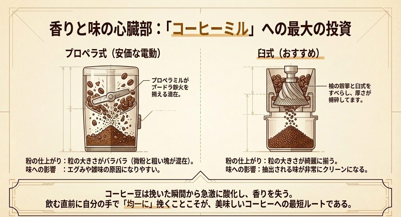 安価なプロペラ式ミルは粉の粒度がばらつきやすく、臼式ミルは粒度が揃ってクリーンな味につながることを比較した図解
