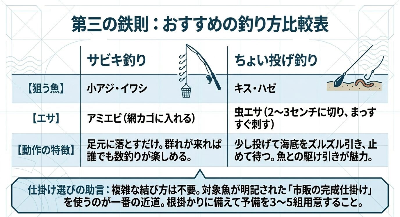 サビキ釣りとちょい投げ釣りについて、狙う魚、使うエサ、動作の特徴を左右で比較した表