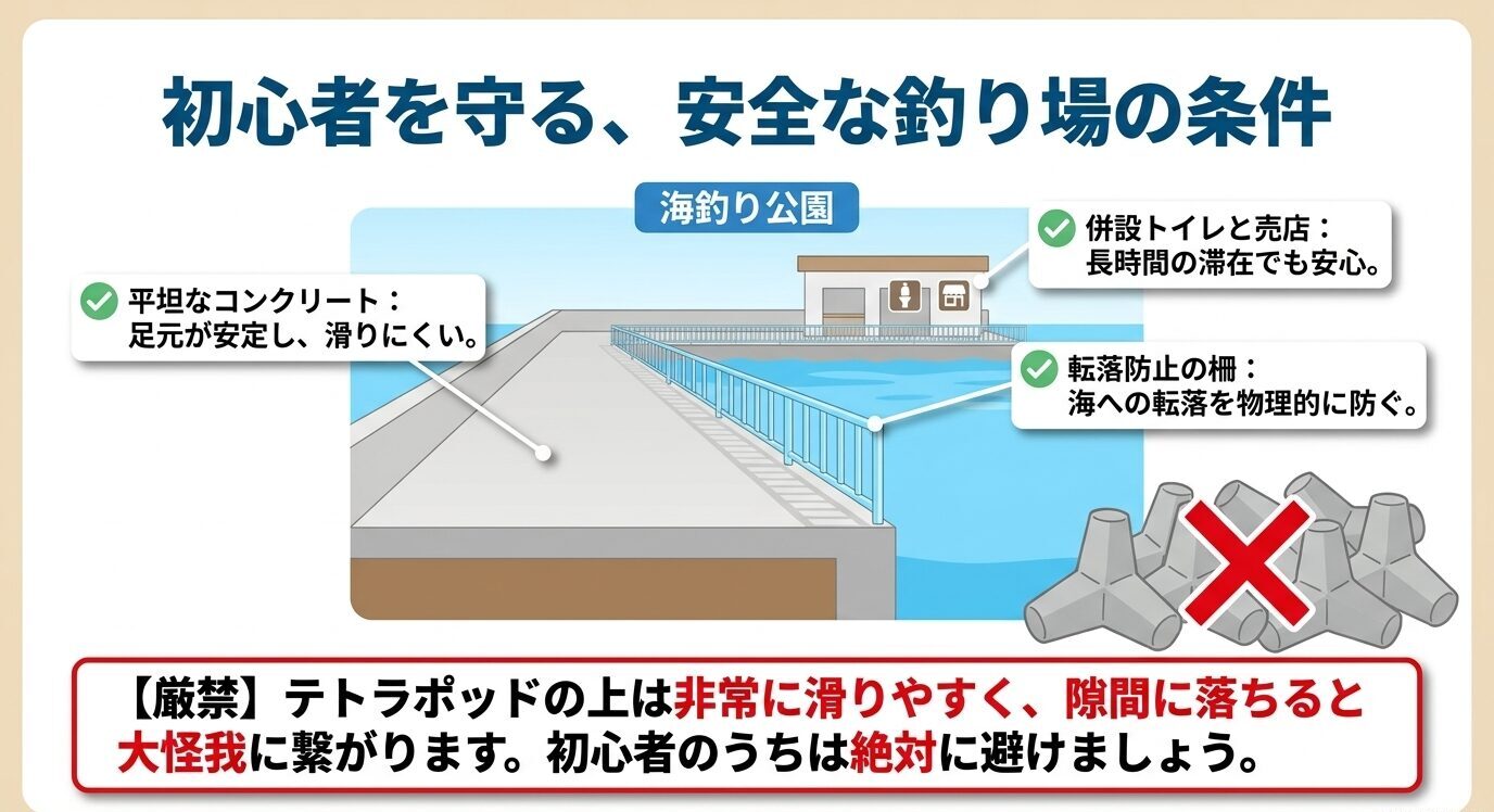 平坦なコンクリート、柵、トイレ・売店付きの海釣り公園が安全で、テトラポッドは避けるべきと示した図