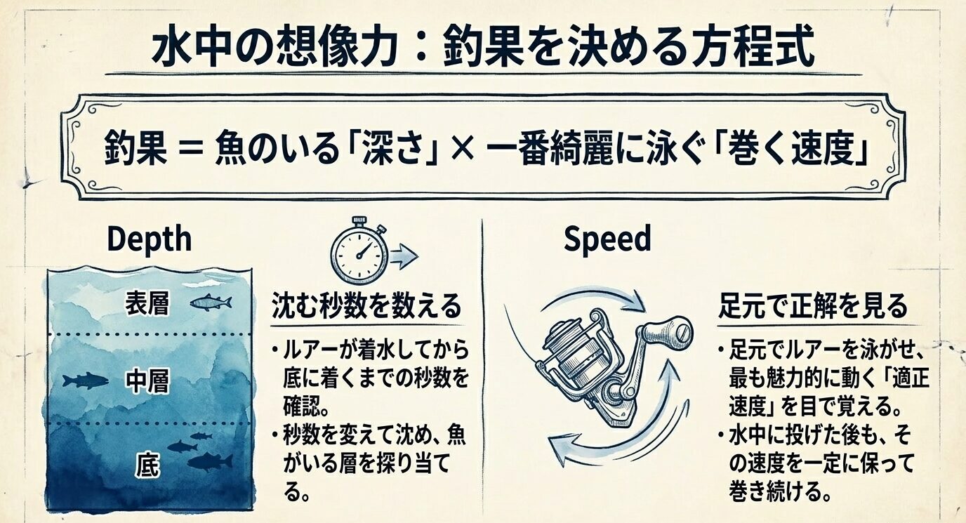 表層・中層・底の層と、沈む秒数を数えること、一定速度で巻くことの重要性を示した図
