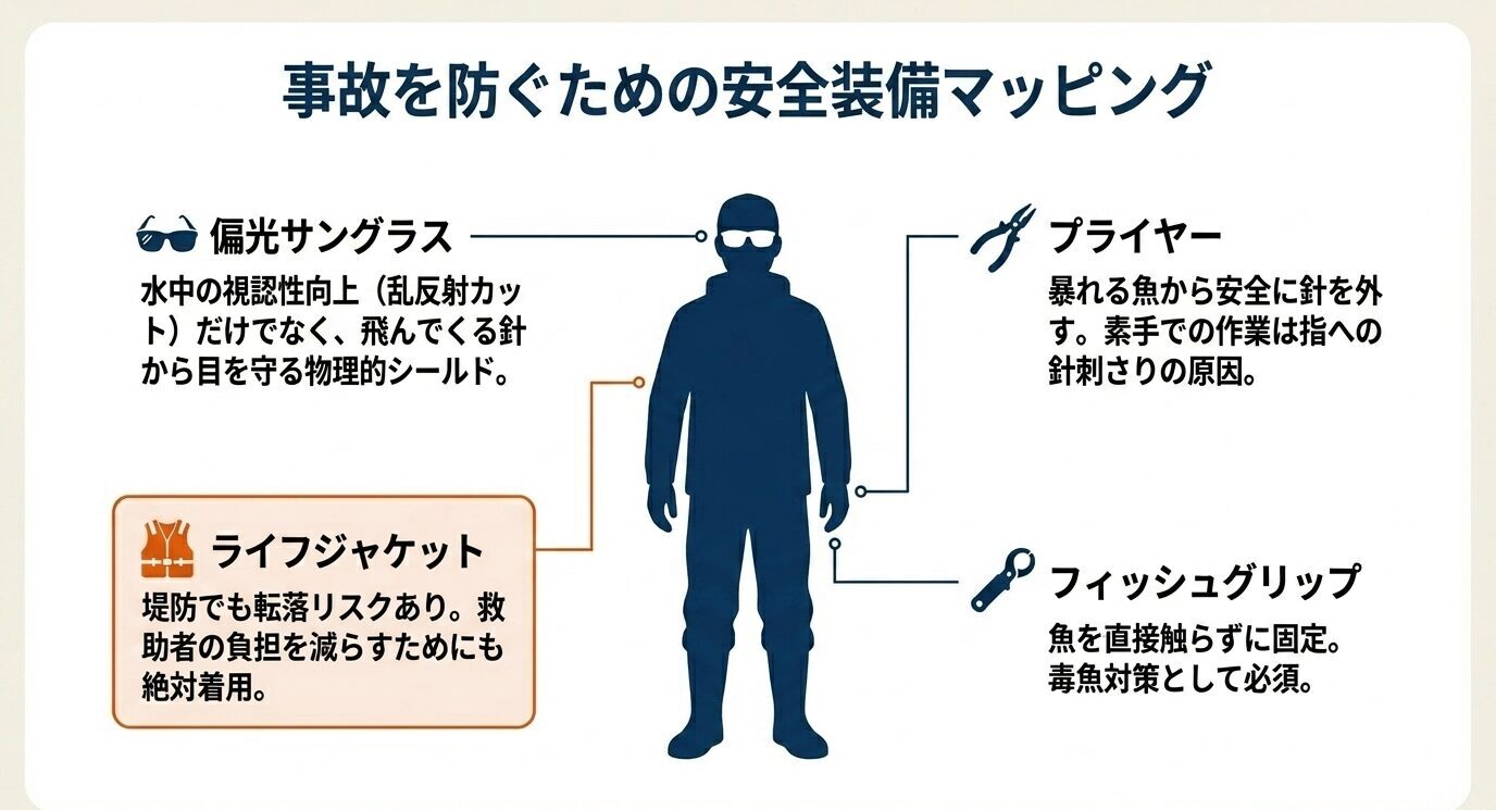 ライフジャケット、偏光サングラス、プライヤー、フィッシュグリップの用途を人体シルエットに沿って示した安全装備図。